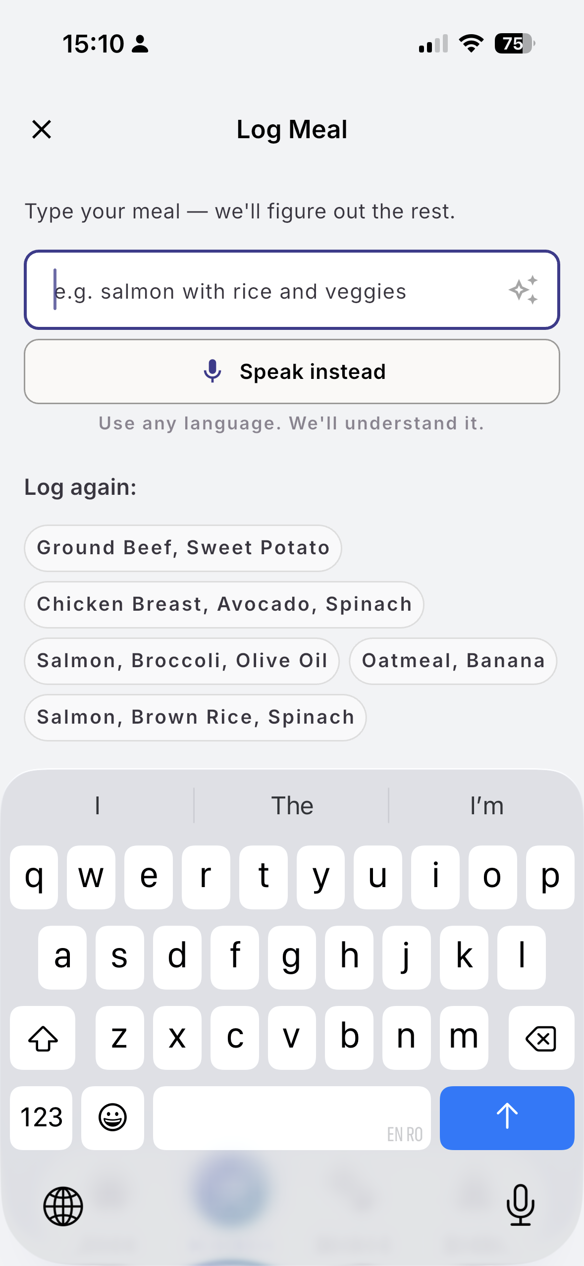 Logging a meal in natural language on the nutrition screen